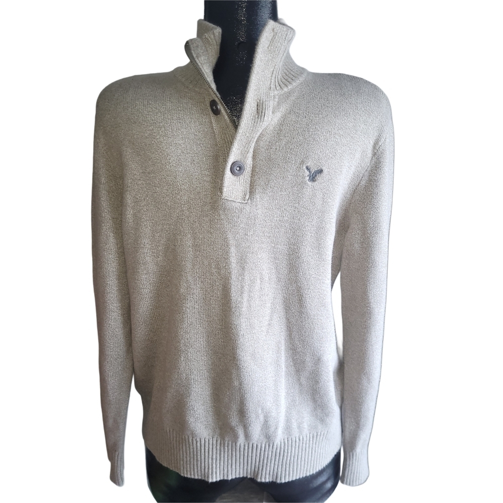 American Eagle Men's Beige High Neck Quarter Zip Knit Sweater Size L